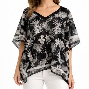 Talbots Black & White Tropical Sheer Poncho Boho Top Size M Cotton & Silk Blend